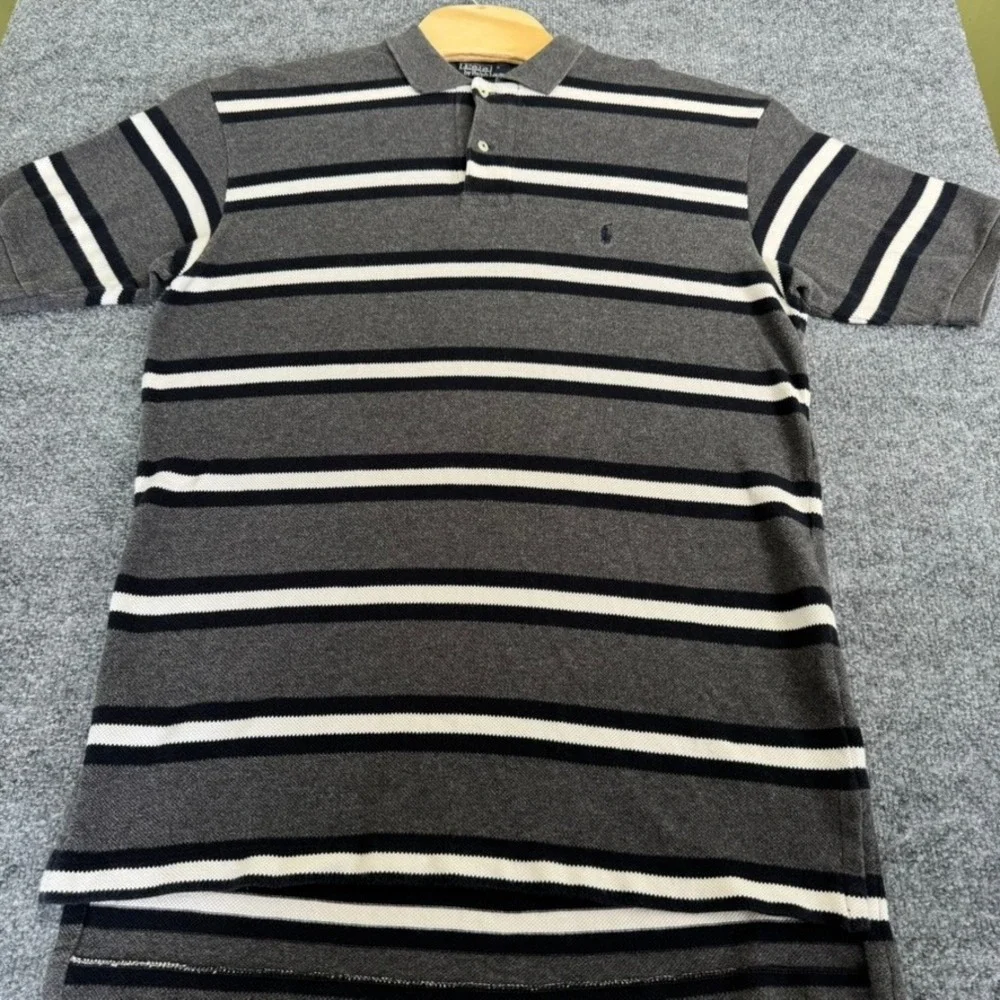Polo Ralph Lauren Polo Shirt Mens L Striped Cotton Classic Fit Gray White Blue